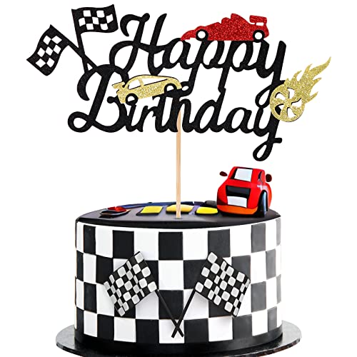 Pafuwei 1 Pcs Race Car Cake Topper Happy Birthday Cake Topper Glitter Happy Birthday Sign Cake Decorations With Checkered Flag Racing Car Cake Topper Sports Party Supplies For Boys Girls #TOP6
