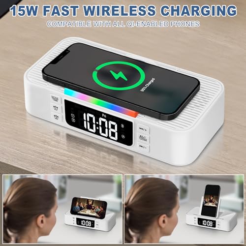 Alarm Clock with Wireless Charging 15W, Alarm Clocks Bedside, Bedside Clock with Wireless Charger, Bluetooth Speaker, Dual Alarm, Night Light, Brightness, Digital Alarm Clock for Bedside Room-White Alarm Clock with Wireless Charging 15W, Alarm Clocks Bedside, Bedside Clock with Wireless Charger, Bluetooth Speaker, Dual Alarm, Night Light, Brightness, Digital Alarm Clock for Bedside Room-White