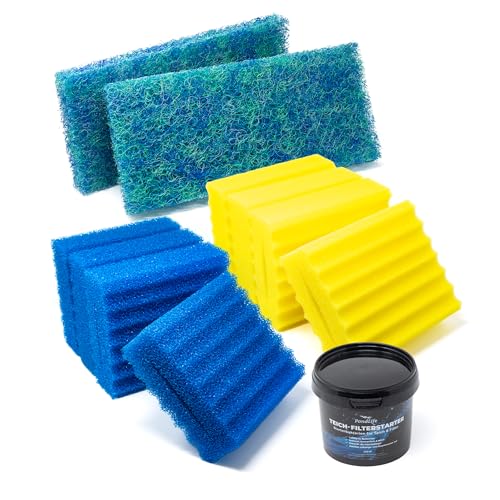 VIALIA 10x Filterschwämme Ersatzteil Set für Kammerfilter CBF-350B, 4 Blaue und 4 gelbe Schwämme, 2 Japanmatten, mit Filterstarter, 22,5x20x8,5 cm pro Schwamm