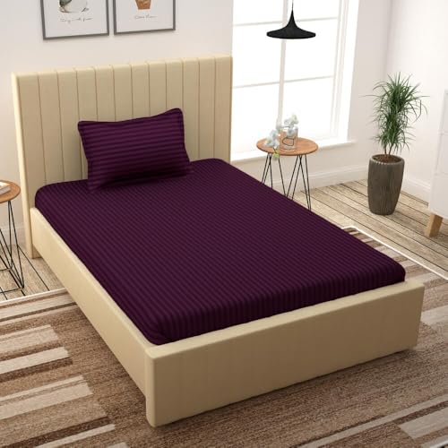 Image of Super Soft 100% Egyptian Cotton Satin Stripe Single Bedsheet with 1 Pillow Cover - Wine