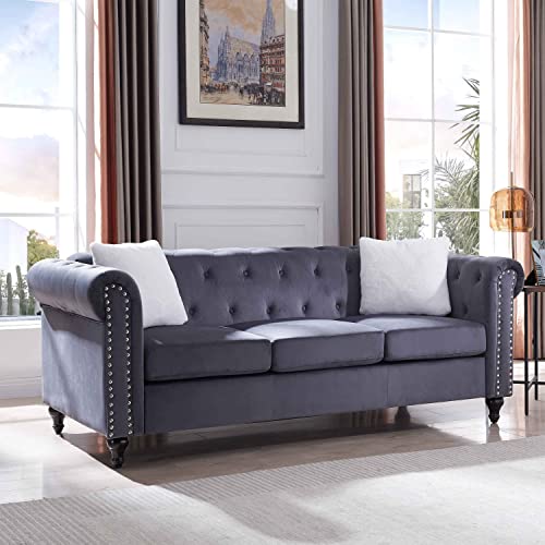 Aty 3 Piece Living Room Velvet Sofa Set, Include 3-Seater Couch, Loveseat And Single Chair, With 5 Pillows, Decor Of Button And Copper Nail On Arms And Back, Home Furniture, Light Gray #TOP5