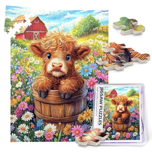 Highland Cow Puzzles for Adults 1000 Pieces Cute Cow Animal Flower Jigsaw Puzzles for Adults Colorful Floral Farm Animals Plant Wooden Puzzle for Challenging Family Activity Games