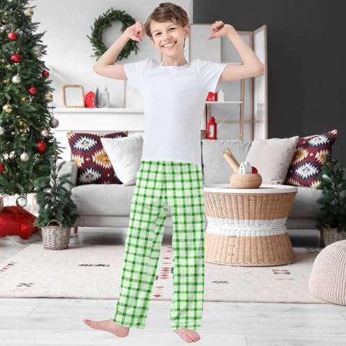Boy's Pj Pants Watercolor Green Checkered Lounge Bottoms Elastic Waist Kids Joggers with Pockets Size 6-142