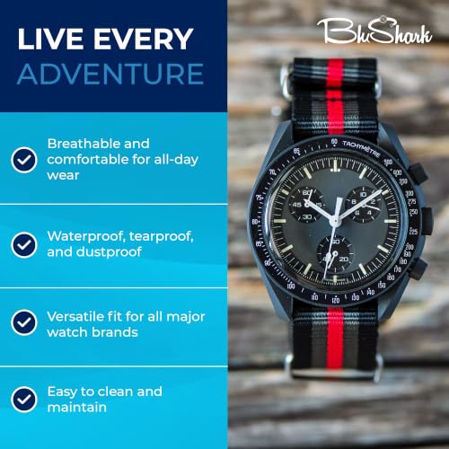 Image of BluShark - Original Collection Military-Style Waterproof Watch Strap, Fits All Timepiece Brands, Durable Nylon Wristwatch Accessories with Stainless Steel Buckle - 18mm, 20mm, 22mm & 24mm Watch Bands