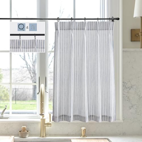 LIMON HOME Blue Linen Cafe Curtains 24 inch Length Pinch Pleat Printed Cafe Curtain 1 Panel 24W x 24L