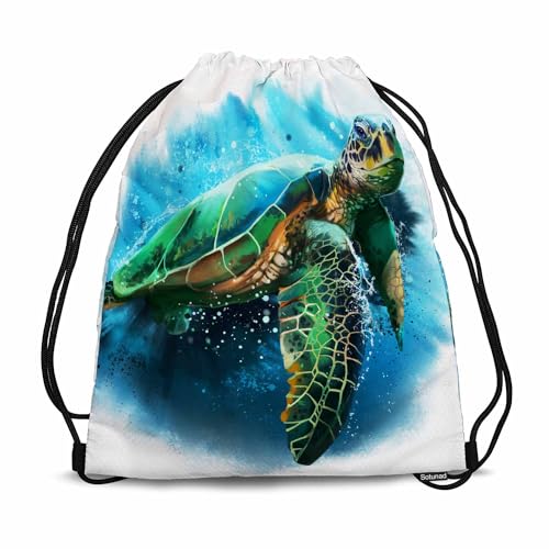 Big Sea Turtle Drawstring Bags Sports Bag Wildlife Ocean Underwater Animal Slow Swimming Draw String Back Bag Men Women Adults 14x16.9 Inch