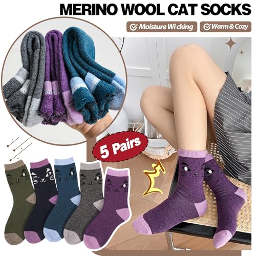Image of Sandsuced 5 Pack Merino Wool Boot Hiking Socks for Women Warm Winter Thick Thermal Cozy Work Soft Ladies Socks