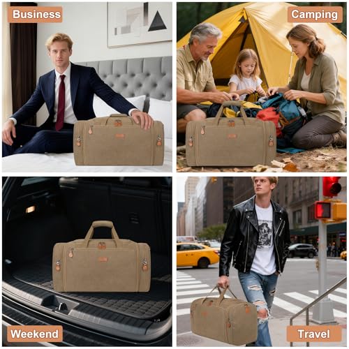 Image of Canvas Mens Duffle Bag for Travel - Expandable 50L Weekender Bags with Toiletry Bag, Overnight Bag Travel Duffel Carry On Luggage with Removable Shoulder Strap, Durable & Water-Resistant