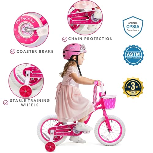 Image of Girls Bike for Toddlers Ages 2-5 Years, 12 14 16 Inch Princess Kids Bike with Training Wheels, Sparkling Frame, Basket, Streamers, Pink Pedal Bicycle, Birthday Gift