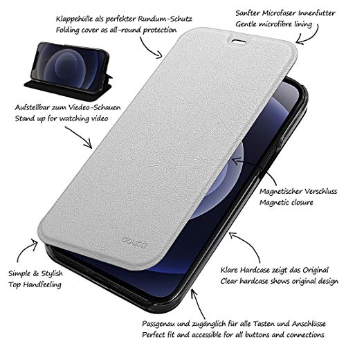 doupi FlipCase for iPhone 12 mini (5.4 inch) - Deluxe Leatherette Magnet Book Style Screen Protector Stand Protective Flip Cover, white - Image 2