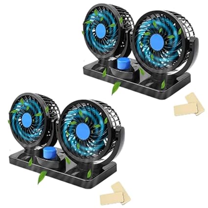 Raptas Car Fan 12V 360 Degree Rotatable Dual Head 2 Speed Quiet Strong Dashboard Auto Cooling Air Fan for All Auto Vehicles