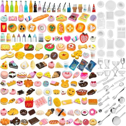 Diinokiy 200Pcs Dollhouse Miniature Food Drinks Bottle Cooking Toys Kitchen Accessories Mini Play Fake Resin Pretend Game Party Tableware Bread Cake Ice Cream 1/12 Doll House Landscape