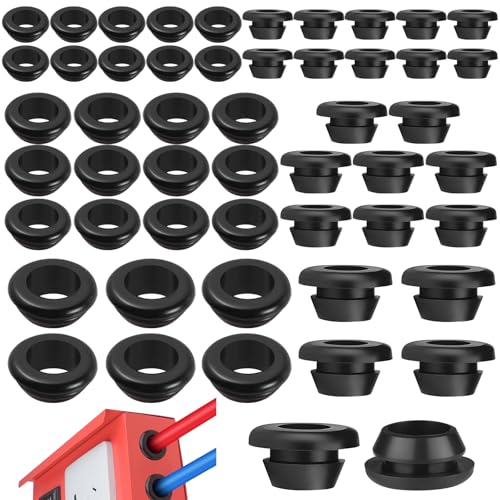 Realure 50 Stück Gummitüllen, Flexibel Kabeldurchführung Gummi ID 10mm 12mm 14mm, Wasserdicht Gummistopfen Set mit Loch, Schwarz Elektrische Leiterdichtung Ring zum Schutz von Drähten, Kabelverbindern