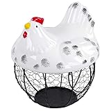 Rural365 Chicken Egg Basket in Black and White Design Ceramic Chicken Shaped Lid with Round Wire...