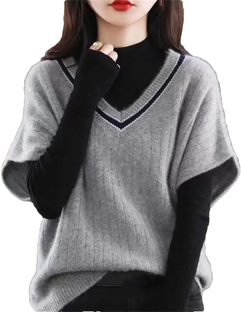 Women's V-Neck Shoulder Sweater Basic Sweater Vest Loose Vest Knitted Jumper Tops
