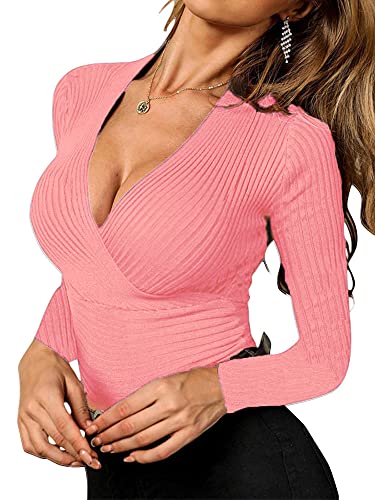 Image of Fangetey Womens Deep V Neck Sexy Wrap Sweater Long Sleeve Slim-Fitted Knitted Jumper Top