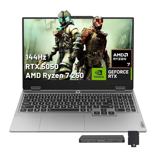 Image of Lenovo LOQ 15.6 inch FHD 144Hz Gaming Laptop, AMD Ryzen 7 250, GeForce RTX 5050 8GB GDDR7, 64GB DDR5, 3TB Storage (2TB SSD+1TB Docking Station Set), Backlit Keyboard, 5MP Camera, Wi-Fi 6, Win 11, Gray