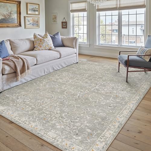 HUGEAR 5x7 Grey Vintage Floral Washable Area Rug for Living Room