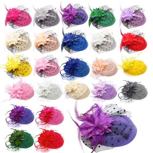TANEMUDO 24 Pcs Vintage Fascinators Hats with Clips, 20s 50s Fascinators Veil Pillbox Headwear for Ladies Cocktail Halloween Weddings Christmas Birthday Supplies(12 Colors) Multicolor