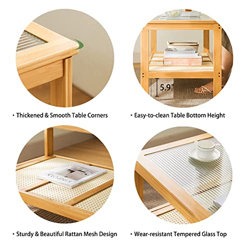 Baveke Bamboo Coffee Table - Living Room End Table With Clapboard Design Rectangular Country Style Cocktail Table Suitable For Small Space Storage Dining Room Furniture, 39.4Inch (Glass) #TOP3