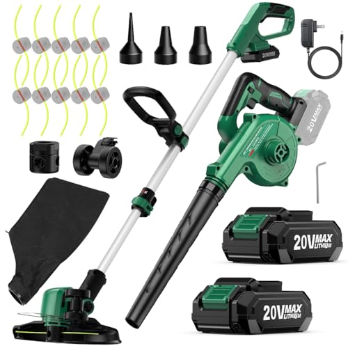 KIMO 4-in-1 Cordless Leaf Blower/Vacuum & String Trimmer/Weed Edger Combo Kit w/2x2.0 Battery & 10Pcs Spool Line, Variable Speed Trigger for Blowing/Vaccuming/Dusting/Clearing/Lawn Edging/Gardening