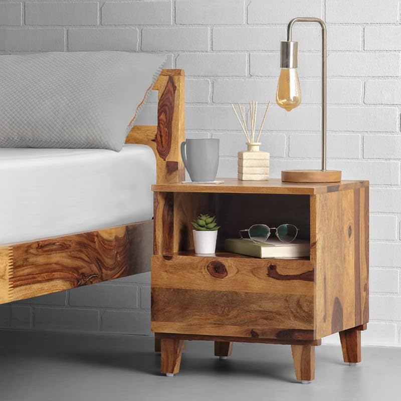 RUSTIC RETREAT Sheesham Wood Bedside Table with 1 Drawer Wooden Night Stand End Table Solid Wood Bedside Table for Bedroom Living Room Home | (Natural Finish)-image-22