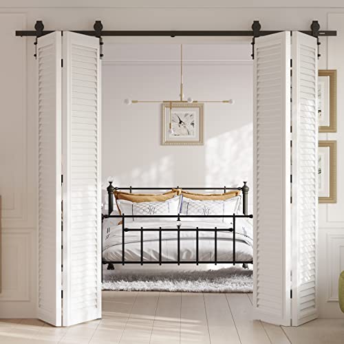 Smartsmith 65” Bi-Folding Barn Sliding Door Hardware J Shape Mount Track Kit, Upgraded Standard Size Door Based Design,Heavy Duty Side Mounted Black Roller Fit 4X16" Door Panels,Doors Not Included #TOP1