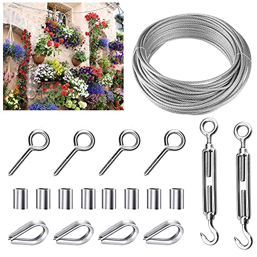 Kit Cavo D'Acciaio Per Giardino 19 Pezzi – Fune In Acciaio Inox 304 Rivestita PVC Con Tenditori, Ganci E Ditali, Per Tende, Glicini E Luci