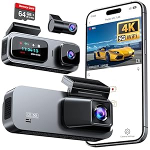 3 Channel 4K Dash Cam Front and Rear Inside, Built-in 5G WiFi, 4K+1080P+1080P Dash Camera for Cars with 64GB Card, Dashcam with Loop Recording, G-Sensor, 24H Parking Monitor, Silver