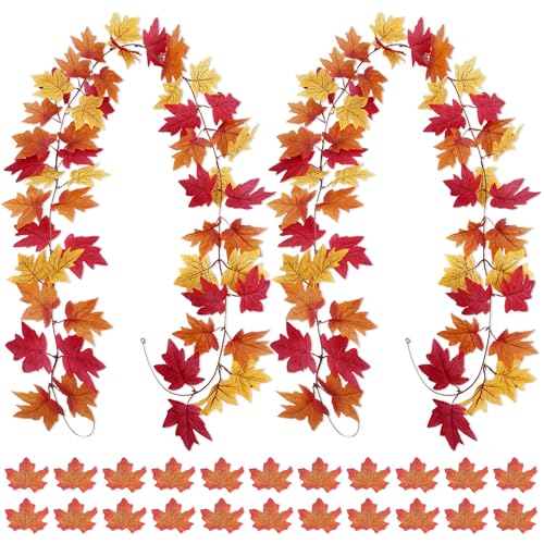 YiiHHooN Guirnalda Artificial de Hojas de Arce, 2 Piezas de Guirnalda Otoñal y 50 Piezas de Hojas Otoñal, 200 Cm de Guirnalda de Otoño Decoración Otoñal para Halloween Acción de Gracias