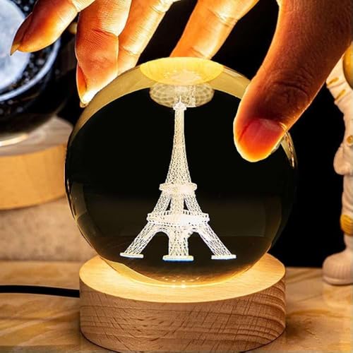 Image of UCRAVO Eiffel Tower Crystal Ball Creative Small Gift Crystal Ball Small Night Lamp with Light-Emitting Base Paperweight Display Sculpture Home Decor Gifts for Women Friends Carving Decoration