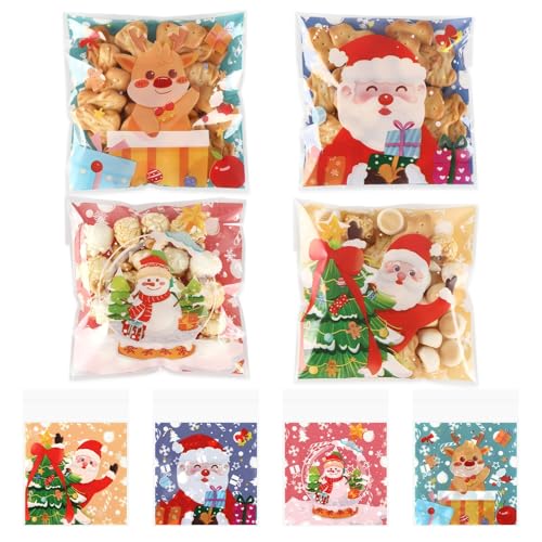 Bolsas De Celofán Autoadhesivas De Navidad,100PCS Bolsas De Celofán Navideñas Autoadhesivas,Suministros De Regalo,Transparentes Resellables,Bolsitas Para Plastico Pequeñas,Galletas,Embalaje De Regalos