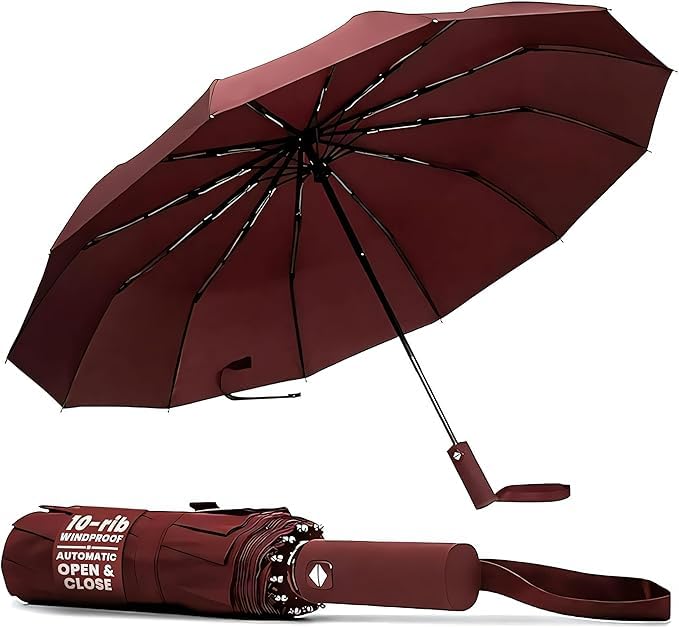 Windproof Umbrella – 10-Rib Waterproof & Compact Umbrella with Automatic Open/Close Function and Ergonomic Handle – Folding Mini Umbrella - Strong Umbrellas for Wind and Rain