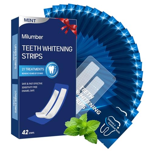 Milumber Teeth Whitening Strips for Sensitive, 42 Strips Whitener Safe Whitestrip, Deep Stains Removal Tooth Whitening, Enamel Safe Non-Slip Dry Strip Technology for Whiter Teeth, Mint