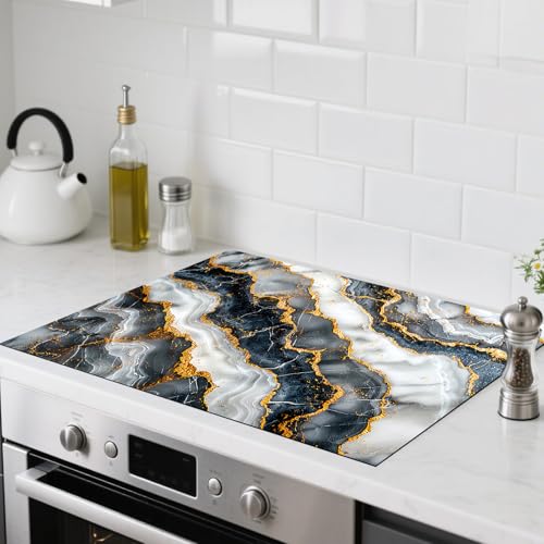 Image of Nuxovilar Stove Top Cover for Electric Stove, 20x28 Inch Polyester Glass Cooktop Protector with Agate Pattern with Gold Veins, for Kitchen Decor & Daily Use
