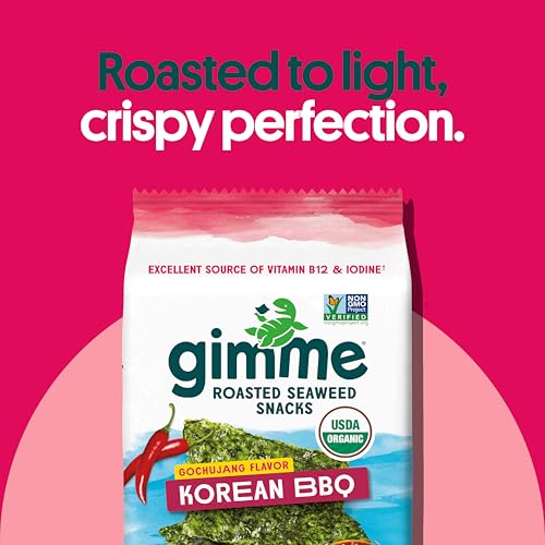 Image of Gimme Seaweed Organic Premium Roasted Seaweed Snacks,Korean BBQ,Keto,Vegan,Gluten-Free,Great Source of Omega3s and Iodine,Healthy On-The-Go Snack for Kids and Adults,6 Count (Pack of 2)