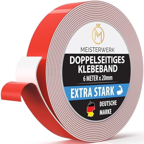 MEISTERWERK Doppelseitiges Klebeband ohne Bohren - [EXTRA STARK] - Universelles Montageband I Doppelseitiges Klebeband stark I Doppelklebeband Klebeband (8m x 20mm)
