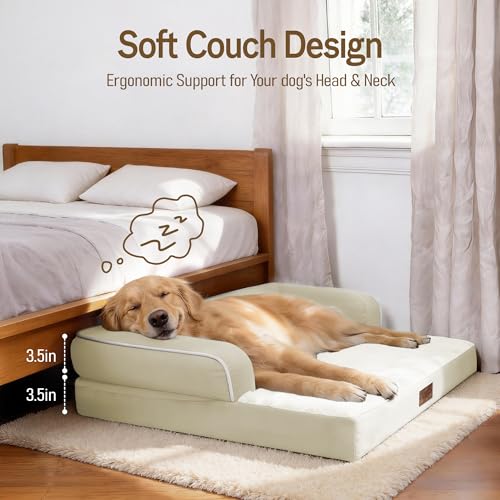 Image of Comfort Expression Washable Orthopedic Dog Bed for Extra Large Sized Dogs | Waterproof Memory Foam Pet Bed 48x33 Inch with Removable Cover with Non-Slip & Bolster, Beige