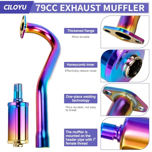 Image of Central Long Mini Bike Exhaust Header Pipe Muffler Kit Compatible with Coleman CT100U GMB100 79cc 3HP Engine 154F 3.0HP Predator 98cc GPS Rascal 98 Lite Minibike Parts Colorful