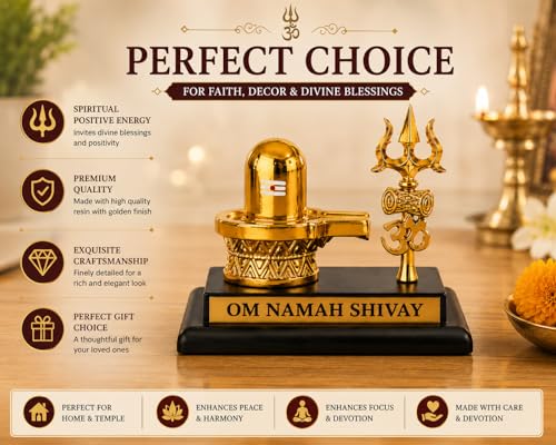 Image of Shivling with Trishul Gold Plated Idol for Car Dashboard, Home Decor & Office Desk | Om Namah Shivay Shiva Lingam Murti | Spiritual Gift Item for Pooja & Housewarming