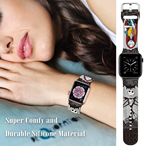 Leotop Pattern Printed Soft Silicone Bands Compatible with Apple Watch 49mm 46mm 45mm 44mm 42mm 41mm 40mm 38mm. (Black Jack&Sally - Image 4