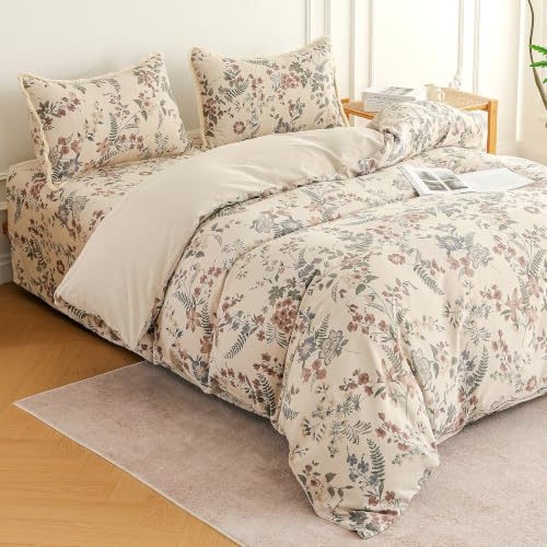 Image of Story@Home King Size Bedcover Set | 400 TC Microfiber Bedding Set with 1 Duvet Cover 1 King Bedsheet 270 x 250 cm & 2 Pillow Covers | Soft Durable Duvet Cover Set Floral Pattern | Beige Dark Brown