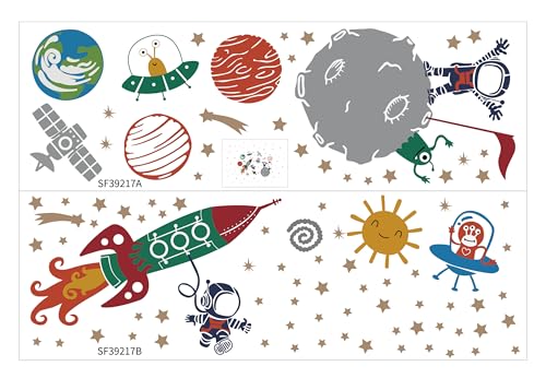 Image of Astronaut Rocket Space Wall Stickers for Kids Room Decor - Planets & Stars Wall Decals - Peel and Stick Removable Space Wall Decor for Nursery, Bedroom, Playroom - Large Size 151x118cm