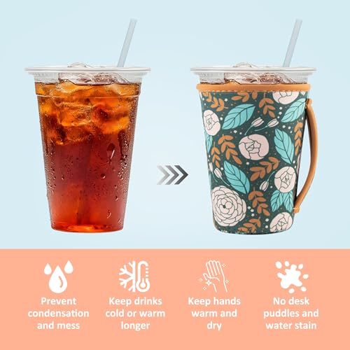 Image of KJQJLY 3 Pack Reusable Iced Coffee Sleeves for Iced Coffee Cups or Drinks Reusable Neoprene Insulated Sleeves for Hot and Cold Drinks from Starbucks, Dunkin, And More (Roses)