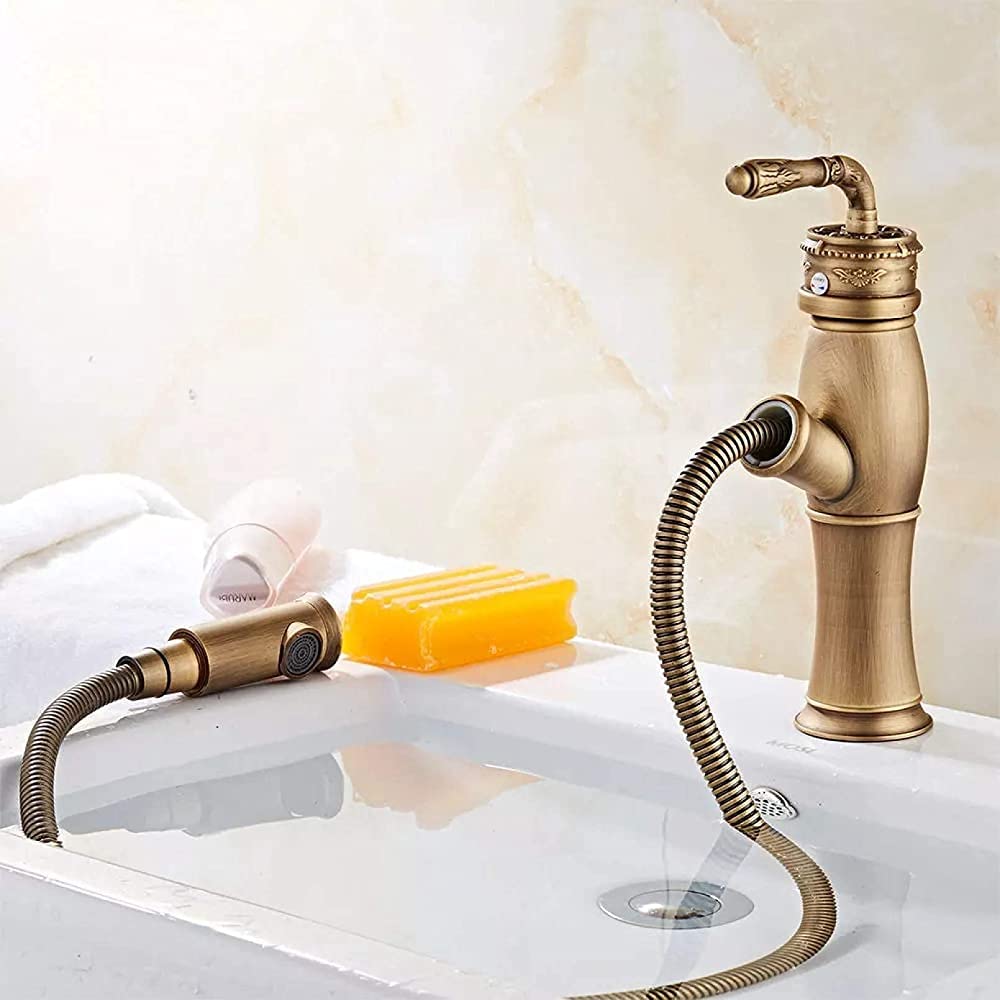 Mitigeur de lavabo extractible en laiton sculpté avec flexible de salle de bains