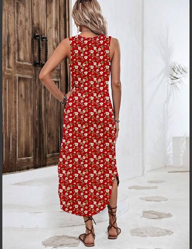 Image of Zeagoo Women Floral Summer Casual Beach Printed Tank Dress with Pockets Pleated Front Long Dress