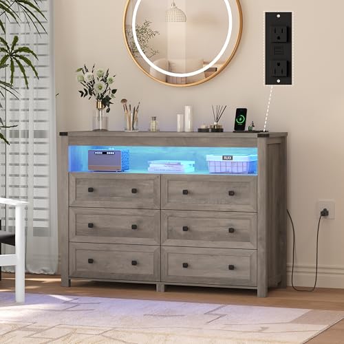 Image of Wodeer Grey Dresser 6 Drawer Dressers for Bedroom with LED Lights, Charging Station, Wood Chest of Drawers with Metal Handles, Modern TV Stand Storage Cabinet for Living Room, Hallway, Entryway, Gray