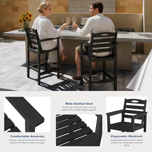 Image of Domi Patio bar Table and Chairs Set of 3, Adirondack bar Height Outdoor Table and Chairs, All-Weather HDPE Outdoor Bar Set for Poolside, Patio, Backyard, Black