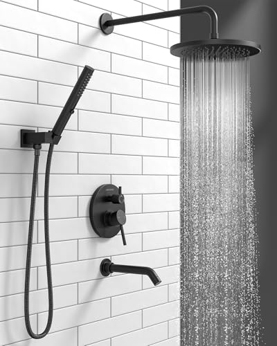 Image of Lava Odoro Modern 3-Setting Round Rain Bathtub and Shower Faucet Set, Black Rainfall Shower Head and Handle Set, Rain Shower System with Tub Spout, Shower Valve Trim Kit, Matte Black, SF104-MB-T