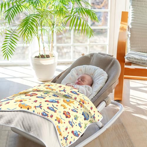 Image of Nursery Bed Blankets for Baby Girls and Boys Soft Multi Use Wrap Swaddle for Nursery /Strolleoddler Bed /Car seat 30X40in Cute Cartoon-Style Pattern Featuring Cars Planes and Helicopters